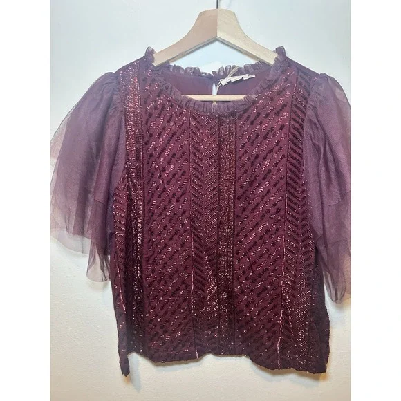 Anthropologie Women's Let Me Be Sequined Embroidered Top Burgundy NWT - Picture 3 of 9